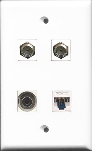 RiteAV - 2 Port Coax Cable TV- F-Type and 1 Port 3.5mm and 1 Port Cat5e Ethernet White Wall Plate