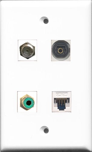 RiteAV 1 Port RCA Green and 1 Port Coax Cable TV- F-Type and 1 Port Toslink and 1 Port Cat5e Ethernet White Wall Plate
