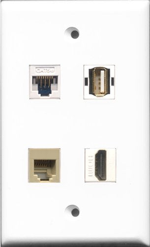 RiteAV 1 Port HDMI and 1 Port USB A-A and 1 Port Phone RJ11 RJ12 Beige and 1 Port Cat5e Ethernet White Wall Plate