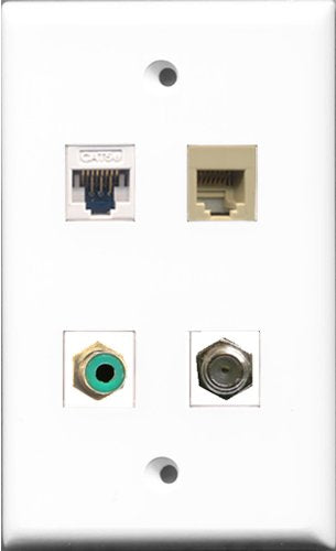 RiteAV 1 Port RCA Green and 1 Port Coax Cable TV- F-Type and 1 Port Phone RJ11 RJ12 Beige and 1 Port Cat5e Ethernet White Wall Plate