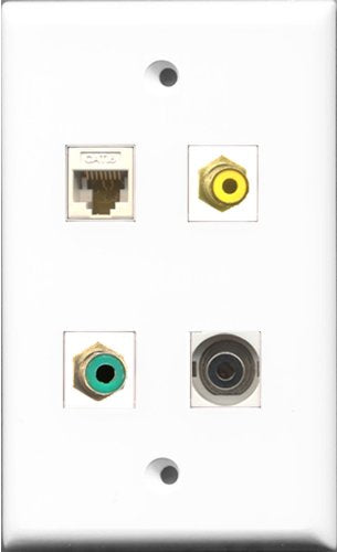 RiteAV 1 Port RCA Yellow and 1 Port RCA Green and 1 Port 3.5mm and 1 Port Cat6 Ethernet White Wall Plate