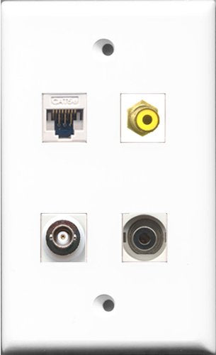 RiteAV 1 Port RCA Yellow and 1 Port 3.5mm and 1 Port BNC and 1 Port Cat5e Ethernet White Wall Plate