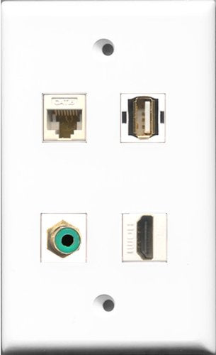 RiteAV 1 Port HDMI and 1 Port RCA Green and 1 Port USB A-A and 1 Port Cat6 Ethernet White Wall Plate