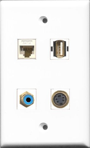 RiteAV 1 Port RCA Blue and 1 Port USB A-A and 1 Port S-Video and 1 Port Cat6 Ethernet White Wall Plate