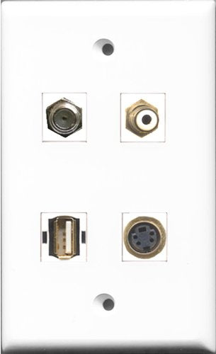 RiteAV 1 Port RCA White and 1 Port Coax Cable TV- F-Type and 1 Port USB A-A and 1 Port S-Video Wall Plate
