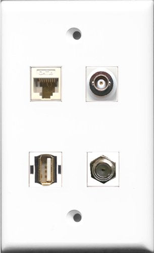 RiteAV 1 Port Coax Cable TV- F-Type and 1 Port USB A-A and 1 Port BNC and 1 Port Cat6 Ethernet White Wall Plate