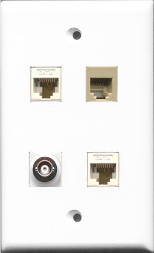 RiteAV 1 Port Phone RJ11 RJ12 Beige and 1 Port BNC 2 Port Cat6 Ethernet White Wall Plate