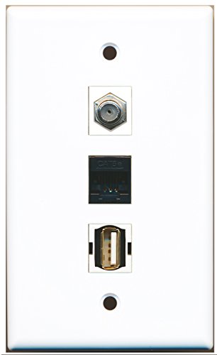 RiteAV - 1 Port Coax Cable TV- F-Type and 1 Port USB A-A and 1 Port Cat5e Ethernet Black Wall Plate