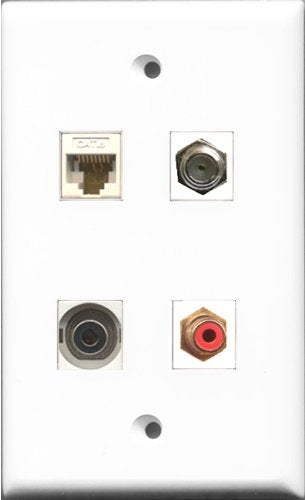 RiteAV 1 Port RCA Red and 1 Port Coax Cable TV- F-Type and 1 Port 3.5mm and 1 Port Cat6 Ethernet White Wall Plate