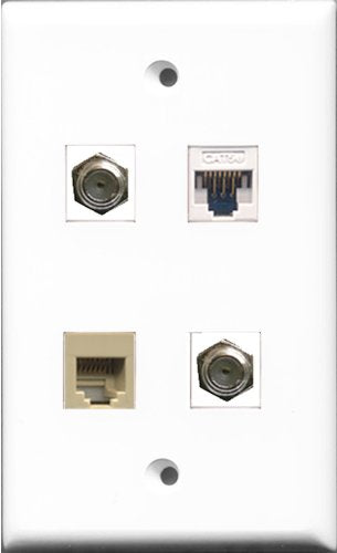 RiteAV - 2 Port Coax Cable TV- F-Type and 1 Port Phone RJ11 RJ12 Beige and 1 Port Cat5e Ethernet White Wall Plate