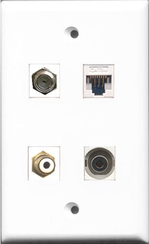 RiteAV 1 Port RCA White and 1 Port Coax Cable TV- F-Type and 1 Port 3.5mm and 1 Port Cat5e Ethernet White Wall Plate