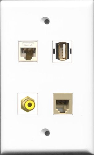 RiteAV 1 Port RCA Yellow and 1 Port USB A-A and 1 Port Phone RJ11 RJ12 Beige and 1 Port Cat6 Ethernet White Wall Plate