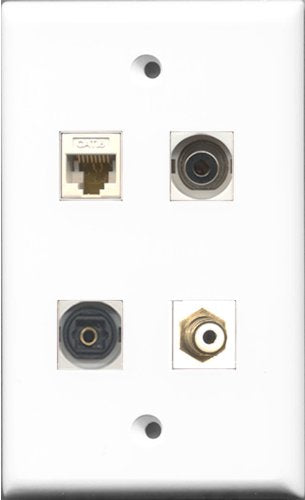 RiteAV 1 Port RCA White and 1 Port Toslink and 1 Port 3.5mm and 1 Port Cat6 Ethernet White Wall Plate