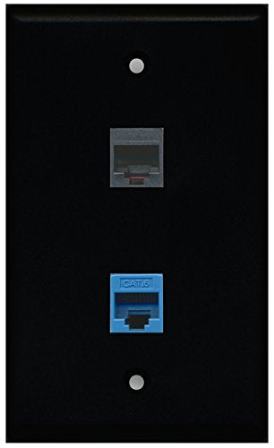 RiteAV - Black 1 Port Phone Black 1 Port Cat6 Ethernet Blue Wall Plate