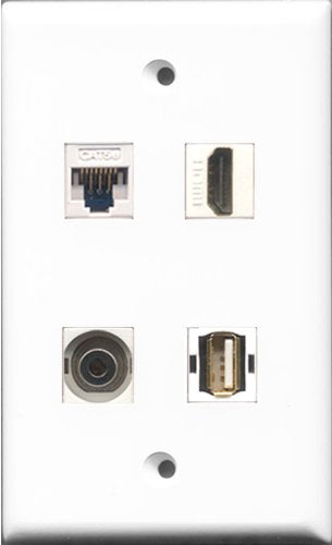 RiteAV - 1 Port HDMI and 1 Port USB A-A and 1 Port 3.5mm and 1 Port Cat5e Ethernet White Wall Plate
