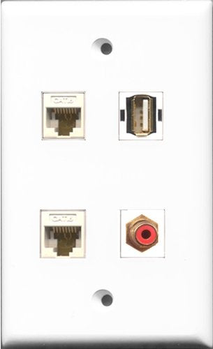 RiteAV 1 Port RCA Red and 1 Port USB A-A 2 Port Cat6 Ethernet White Wall Plate