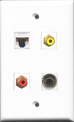 RiteAV 1 Port RCA Red and 1 Port RCA Yellow and 1 Port 3.5mm and 1 Port Cat5e Ethernet White Wall Plate
