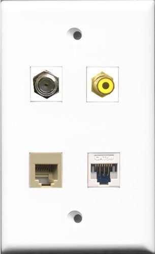 RiteAV 1 Port RCA Yellow and 1 Port Coax Cable TV- F-Type and 1 Port Phone RJ11 RJ12 Beige and 1 Port Cat5e Ethernet White Wall Plate