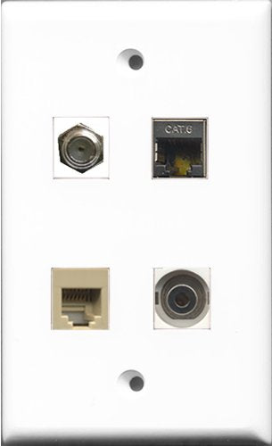 RiteAV 1 Port Coax Cable TV- F-Type and 1 Port Phone RJ11 RJ12 Beige and 1 Port Shielded Cat6 Ethernet and 1 Port 3.5mm Wall Plate