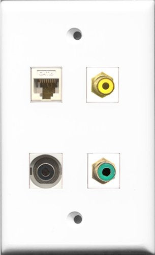 RiteAV 1 Port RCA Yellow and 1 Port RCA Green and 1 Port 3.5mm and 1 Port Cat6 Ethernet White Wall Plate