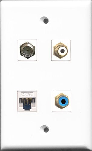 RiteAV 1 Port RCA White and 1 Port RCA Blue and 1 Port Coax Cable TV- F-Type and 1 Port Cat5e Ethernet White Wall Plate