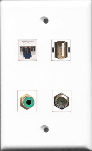 RiteAV 1 Port RCA Green and 1 Port Coax Cable TV- F-Type and 1 Port USB A-A and 1 Port Cat5e Ethernet White Wall Plate