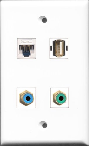 RiteAV 1 Port RCA Green and 1 Port RCA Blue and 1 Port USB A-A and 1 Port Cat5e Ethernet White Wall Plate