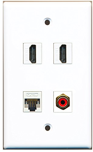 RiteAV - 2 x HDMI 1 x Cat5e Ethernet and 1 RCA Red Port Wall Plate White