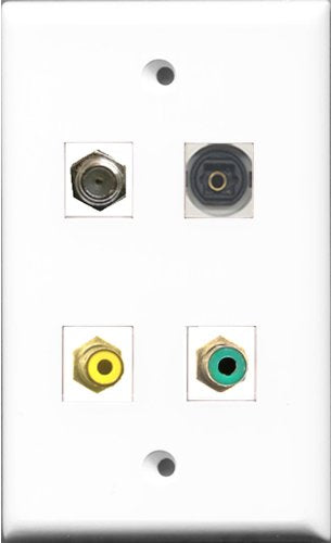 RiteAV 1 Port RCA Yellow and 1 Port RCA Green and 1 Port Coax Cable TV- F-Type and 1 Port Toslink Wall Plate