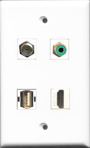 RiteAV 1 Port HDMI and 1 Port RCA Green and 1 Port Coax Cable TV- F-Type and 1 Port Shielded Cat6 Ethernet Wall Plate