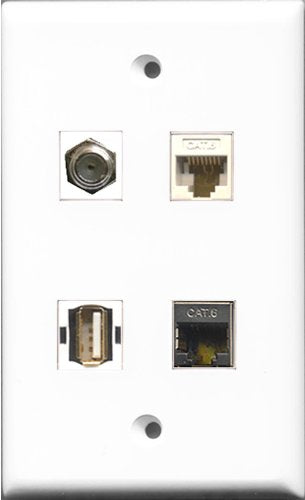 RiteAV 1 Port Coax Cable TV- F-Type and 1 Port USB A-A and 1 Port Shielded Cat6 Ethernet and 1 Port Cat6 Ethernet White Wall Plate