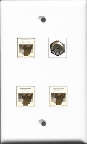 RiteAV 1 Port Coax Cable TV- F-Type 3 Port Cat6 Ethernet Wall Plate - White