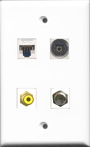 RiteAV 1 Port RCA Yellow and 1 Port Coax Cable TV- F-Type and 1 Port Toslink and 1 Port Cat5e Ethernet White Wall Plate