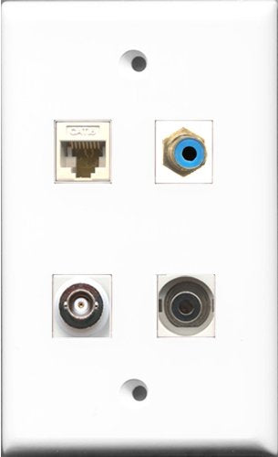 RiteAV 1 Port RCA Blue and 1 Port 3.5mm and 1 Port BNC and 1 Port Cat6 Ethernet White Wall Plate