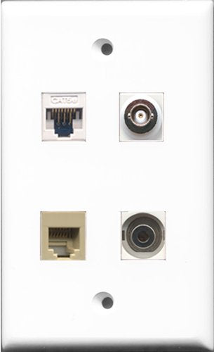 RiteAV - 1 Port Phone RJ11 RJ12 Beige and 1 Port 3.5mm and 1 Port BNC and 1 Port Cat5e Ethernet White Wall Plate