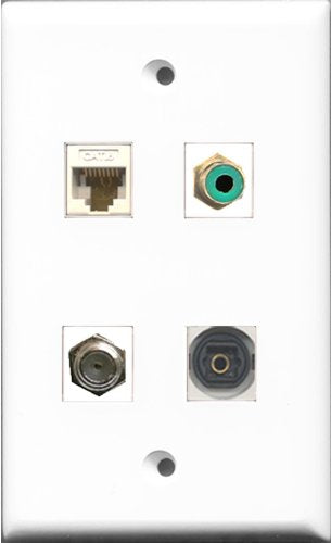 RiteAV 1 Port RCA Green and 1 Port Coax Cable TV- F-Type and 1 Port Toslink and 1 Port Cat6 Ethernet White Wall Plate