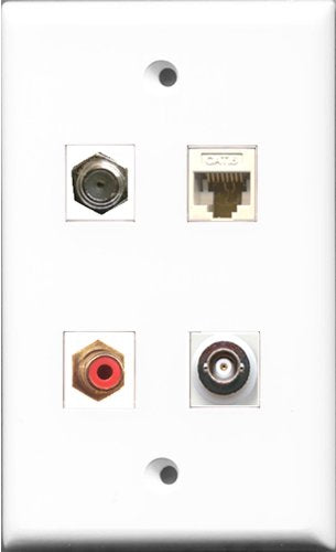 RiteAV 1 Port RCA Red and 1 Port Coax Cable TV- F-Type and 1 Port BNC and 1 Port Cat6 Ethernet White Wall Plate