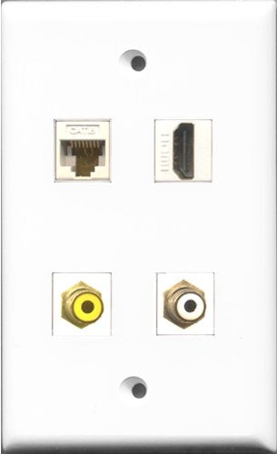 RiteAV 1 Port HDMI and 1 Port RCA White and 1 Port RCA Yellow and 1 Port Cat6 Ethernet White Wall Plate