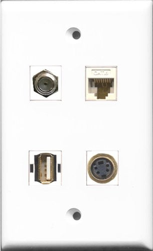 RiteAV 1 Port Coax Cable TV- F-Type and 1 Port USB A-A and 1 Port S-Video and 1 Port Cat6 Ethernet White Wall Plate