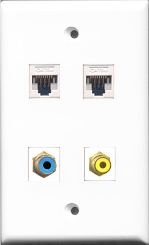 RiteAV - 1 Port RCA Yellow and 1 Port RCA Blue 2 Port Cat5e Ethernet White Wall Plate