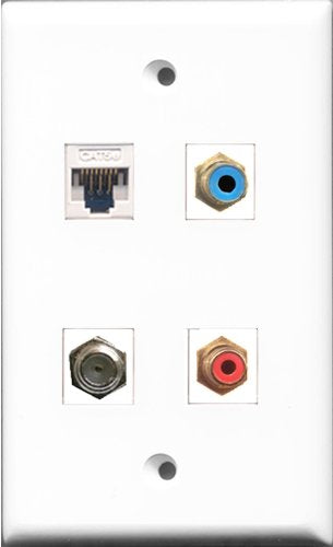 RiteAV 1 Port RCA Red and 1 Port RCA Blue and 1 Port Coax Cable TV- F-Type and 1 Port Cat5e Ethernet White Wall Plate