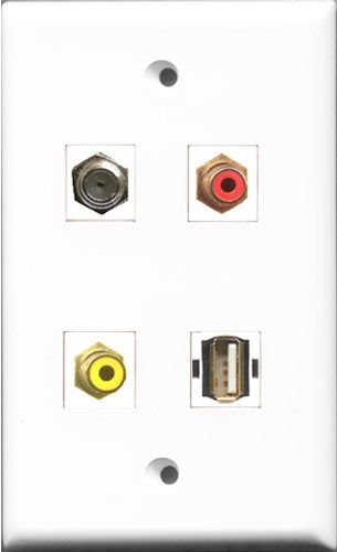 RiteAV 1 Port RCA Red and 1 Port RCA Yellow and 1 Port Coax Cable TV- F-Type and 1 Port USB A-A Wall Plate