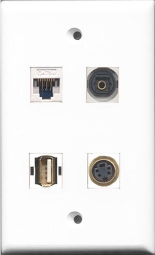 RiteAV 1 Port USB A-A and 1 Port S-Video and 1 Port Toslink and 1 Port Cat5e Ethernet White Wall Plate
