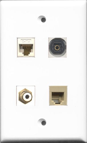RiteAV 1 Port RCA White and 1 Port Phone RJ11 RJ12 Beige and 1 Port Toslink and 1 Port Cat6 Ethernet White Wall Plate