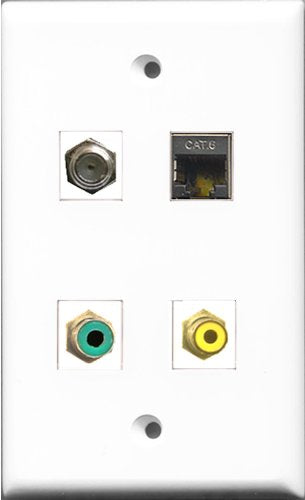RiteAV 1 Port RCA Yellow and 1 Port RCA Green and 1 Port Coax Cable TV- F-Type and 1 Port Shielded Cat6 Ethernet Wall Plate