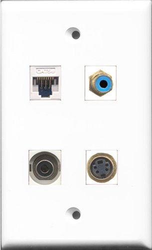 RiteAV 1 Port RCA Blue and 1 Port S-Video and 1 Port 3.5mm and 1 Port Cat5e Ethernet White Wall Plate