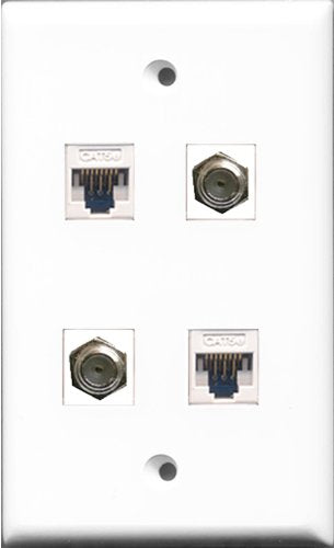 RiteAV - 2 Port Coax Cable TV- F-Type 2 Port Cat5e Ethernet White Wall Plate