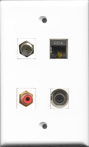 RiteAV 1 Port RCA Red and 1 Port Coax Cable TV- F-Type and 1 Port Shielded Cat6 Ethernet and 1 Port 3.5mm Wall Plate