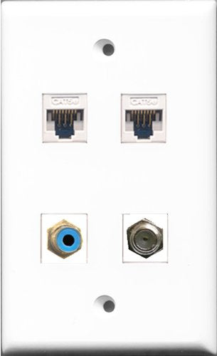 RiteAV - 1 Port RCA Blue and 1 Port Coax Cable TV- F-Type 2 Port Cat5e Ethernet White Wall Plate