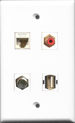 RiteAV 1 Port RCA Red and 1 Port Coax Cable TV- F-Type and 1 Port USB A-A and 1 Port Cat6 Ethernet White Wall Plate
